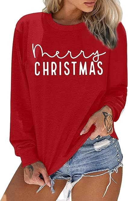 Merry Christmas Sweatshirts Women Classic Merry Letter Print Sweatshirts Xmas Holiday Party Pullo... | Amazon (US)