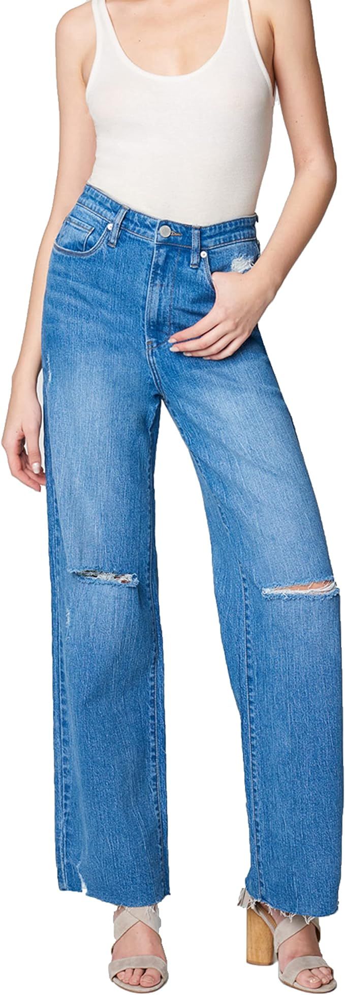 [BLANKNYC] Womens Five Pocket Wide Leg Jean with Rips at Knee, Fashionable & Stylish Pants | Amazon (US)