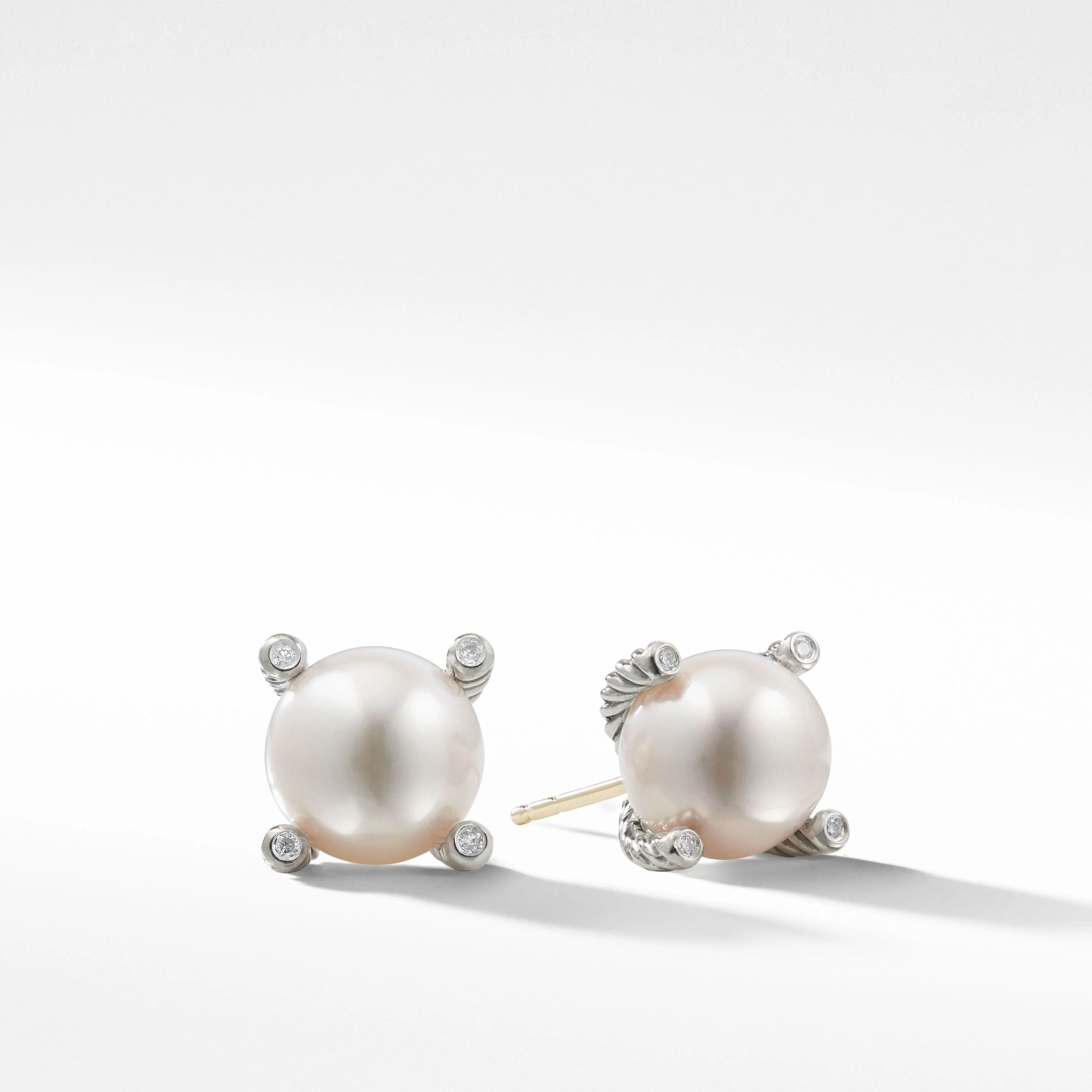 Cable Pearl Stud Earrings in Sterling Silver with Diamonds | David Yurman