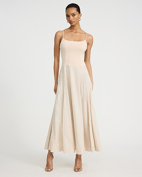 Mixed Media Square Neck Drop Waist Maxi Dress | Express