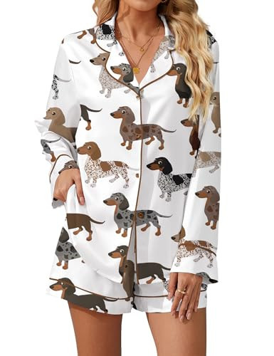 SHESHOW Pajama Sets for Women 2 Piece Cute Dachshund Pjs Long Sleeve and Shorts Animal Print Loungewear Set White XXL | Amazon (US)