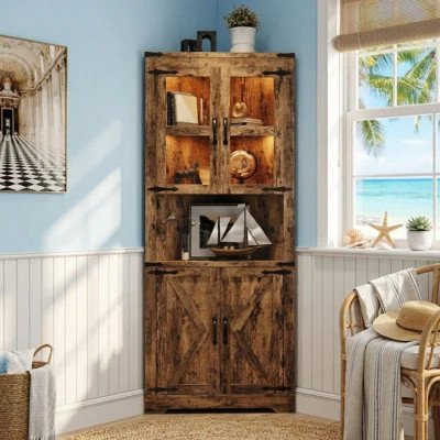67 in Tall Corner Storage Cabinet with Lights, Farmhouse Corner Hutch Display Cabinet with Glass Doors, Wooden Storage Organizer for Kitchen, Living R | Wayfair North America