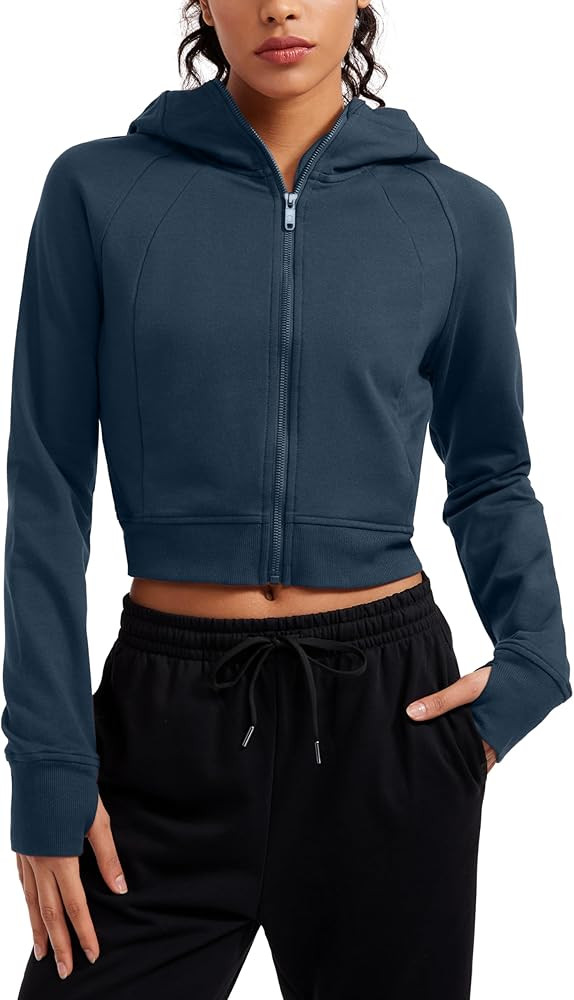 CRZ YOGA Womens Fleece Zip Up Cropped Hoodie Workout Jacket Athletic Casual Long Sleeve Sweatshirts  | Amazon (US)