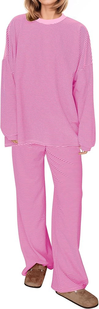 Women's Striped 2 Piece Lounge Matching Pajamas Set Crew Neck Oversized Tshirt and Wide Leg Pants... | Amazon (US)
