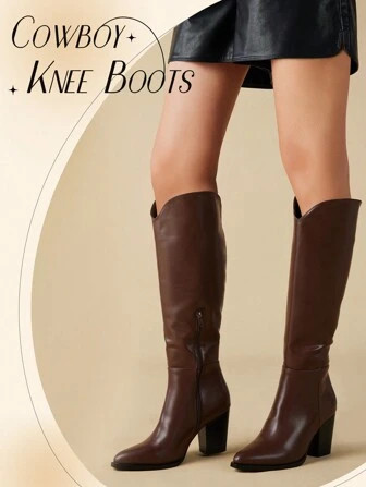 TrendsMishansha Women's Western Style Chunky Heel Boots,Knee High Boots Pointed Toe Tall Boots V-... | SHEIN