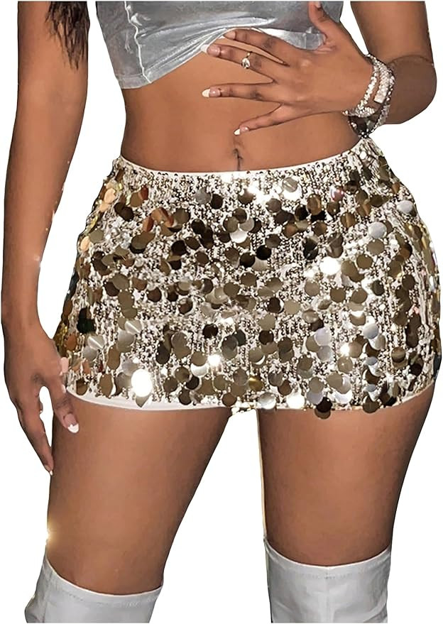 SHENHE Women's Sequin Skirt Glitter Low Rise Bodycon Sexy Mini Skirt Rave Sparkly Skirt | Amazon (US)
