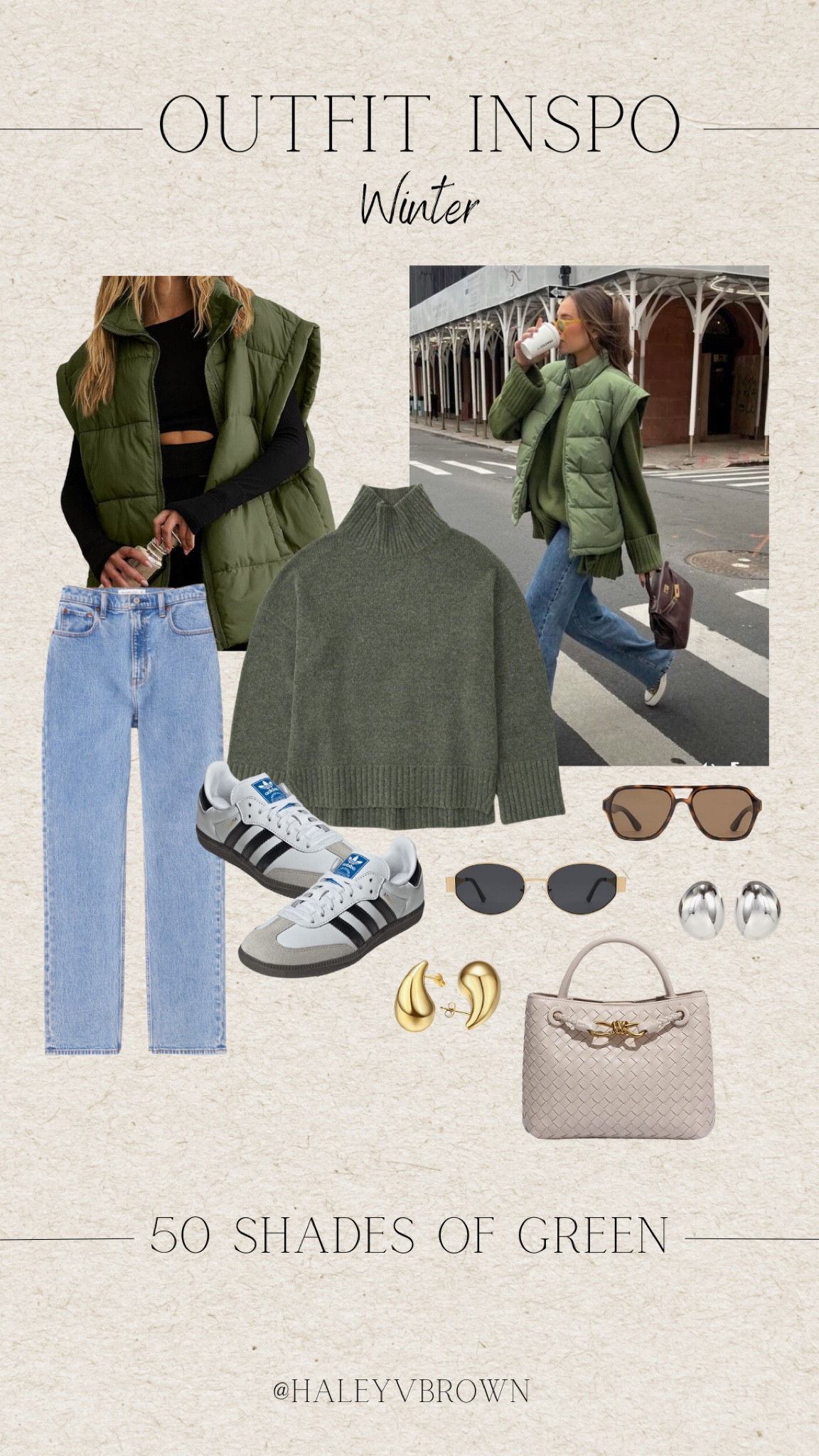 women’s sweatshirt, neutral sweatshirt, black oval sunglasses, cream handbag, neutral handbag, chunky gold earrings, chunky silver earrings, coffee date outfit, quilted jacket, green winter outfit, sambas, neutral sneakers, straight leg jeans, Abercrombie jeans, brown handbag, Pinterest outfit , green beanie

#LTKshoecrush #LTKSeasonal #LTKstyletip