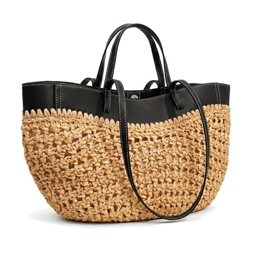 HDWKBOY Straw Beach Bags for Women, Boho Summer Purse Tote with PU Shoulder Strap (Black) | Amazon (US)