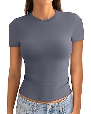 Cotton Crew Neck Short Sleeve Shirts Crop Tops Tee | Amazon (US)