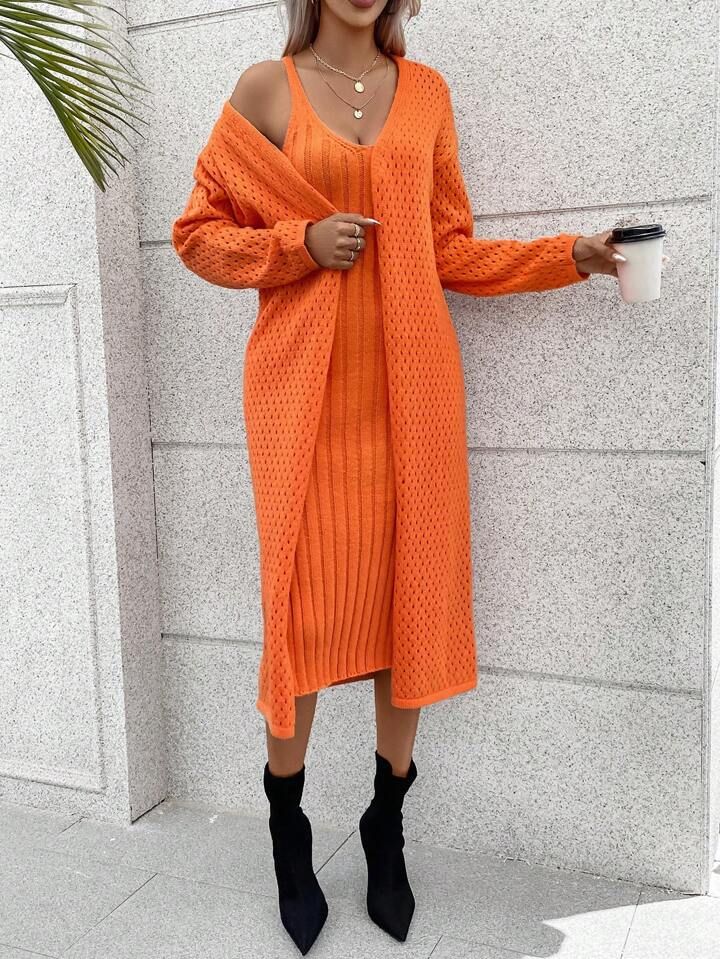 SHEIN Privé Solid Cami Sweater Dress & Drop Shoulder Duster Cardigan | SHEIN