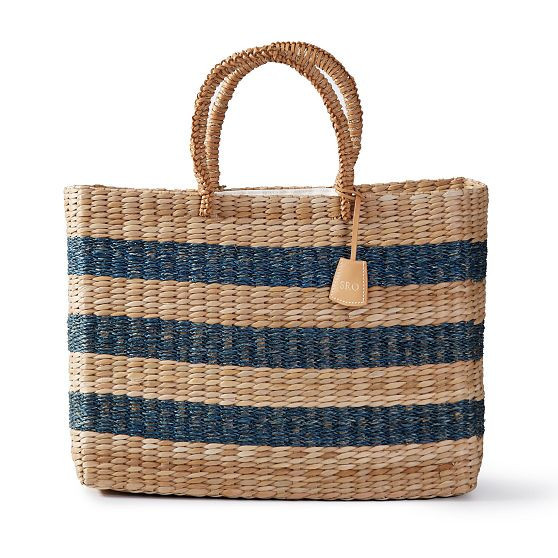 Striped Seagrass Beach Bag, Natural-Navy | Mark and Graham