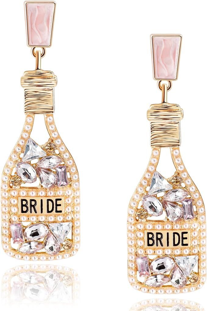 Bachelorette Earrings for Bride - With Delicate Beaded & Champagne Dangle Drop Earring Box For Wo... | Amazon (US)
