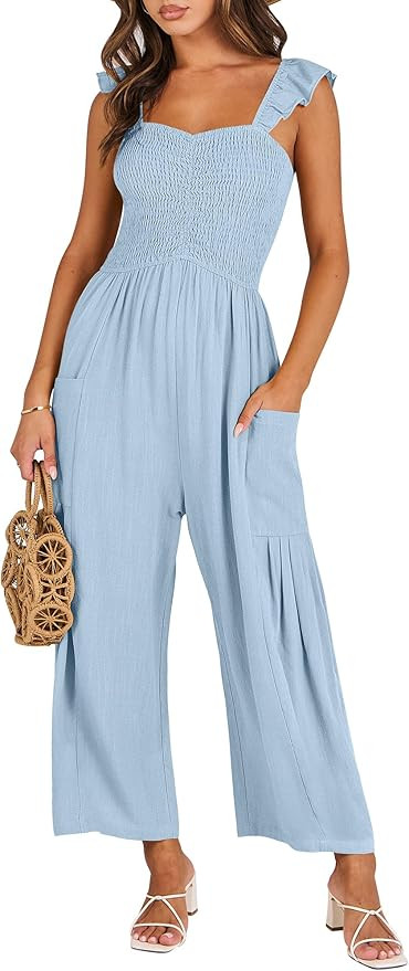 ANRABESS Women Summer Casual Dressy Sleeveless Smocked Wide Leg Linen Jumpsuits Rompers 2024 Tren... | Amazon (US)
