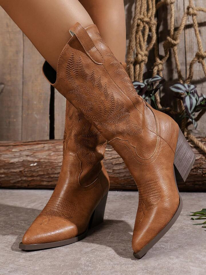 Women's Embroidered Western Mid-Calf Boots With Floral Pattern, Chunky Heel, Fashionable V-Cut Boots | SHEIN