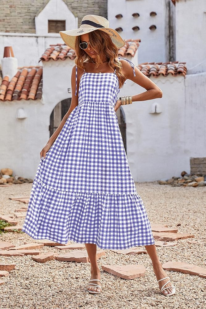 PRETTYGARDEN Summer Dress for Women Plaid Spaghetti Strap Square Neck Tiered Ruffle Flowy Maxi Dress | Amazon (US)