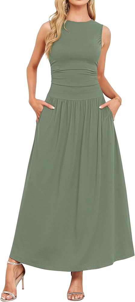 AUSELILY Womens Maxi Dress 2025 Summer Sleeveless Casual Slim Flowy Pleated Long Dresses with Poc... | Amazon (US)