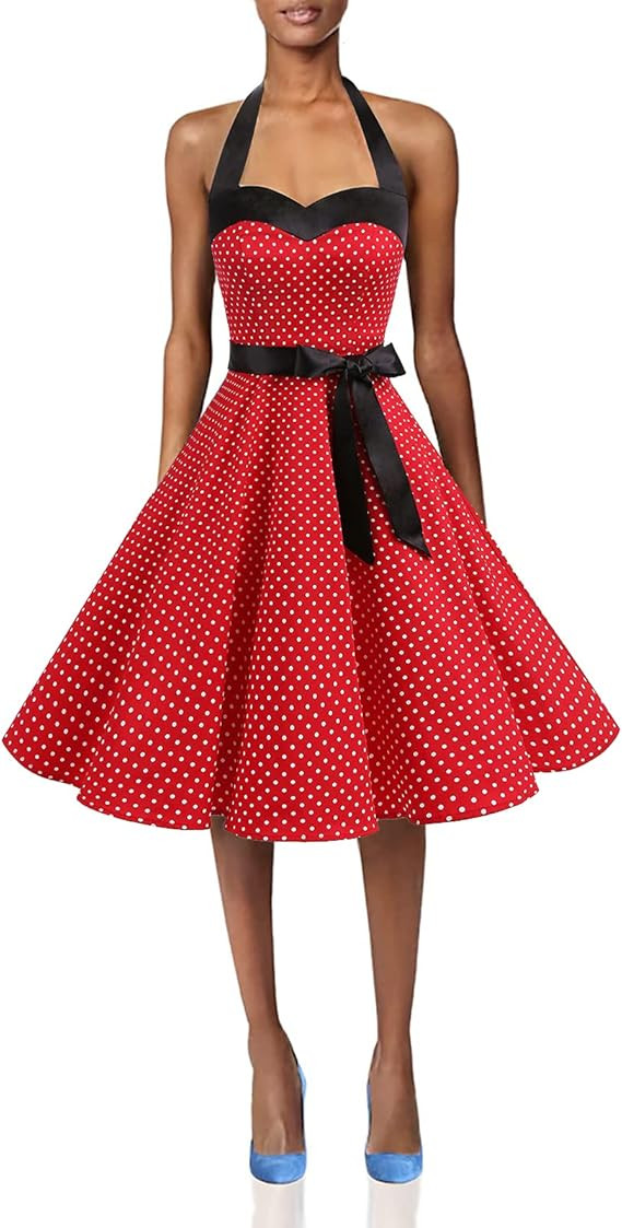 DRESSTELLS 50's Vintage Rockabilly Halter Neck Audrey Dress Retro Bridesmaid Belt Cocktail Swing Dre | Amazon (US)