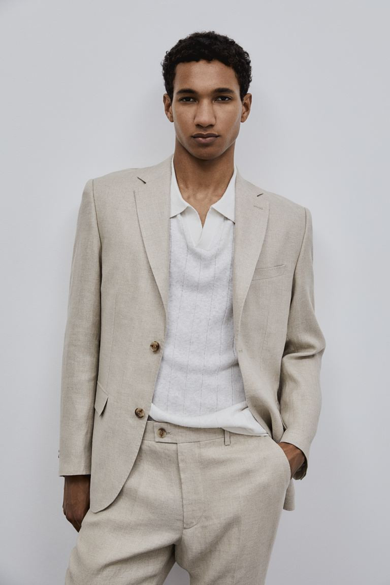 Slim Fit Linen Jacket - Long sleeve - Regular length - Light beige - Men | H&M US | H&M (US + CA)