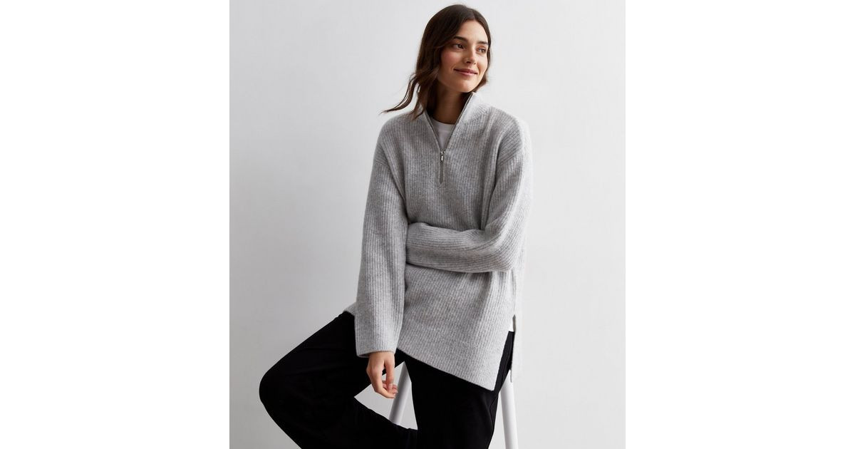 Grey Ribbed Knit Zip Neck Jumper | New Look | New Look (UK)