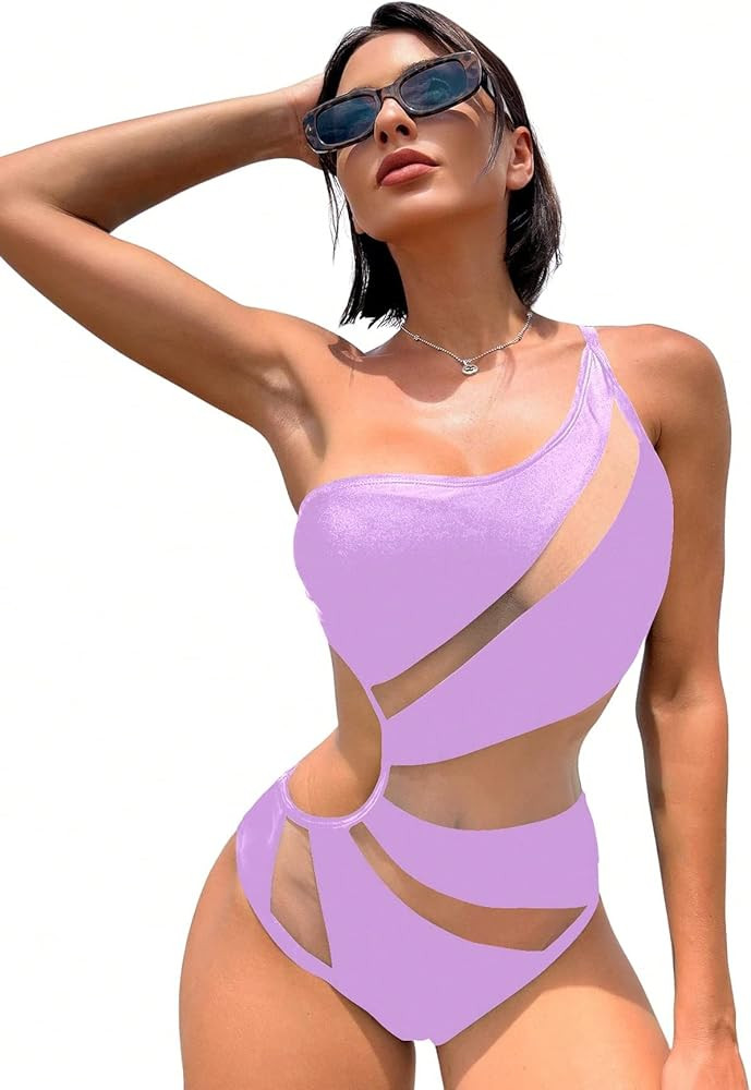 WDIRARA Women's One Shoulder Cut Out Mesh Contrast Sexy One Piece Swimsuit Bikini | Amazon (US)