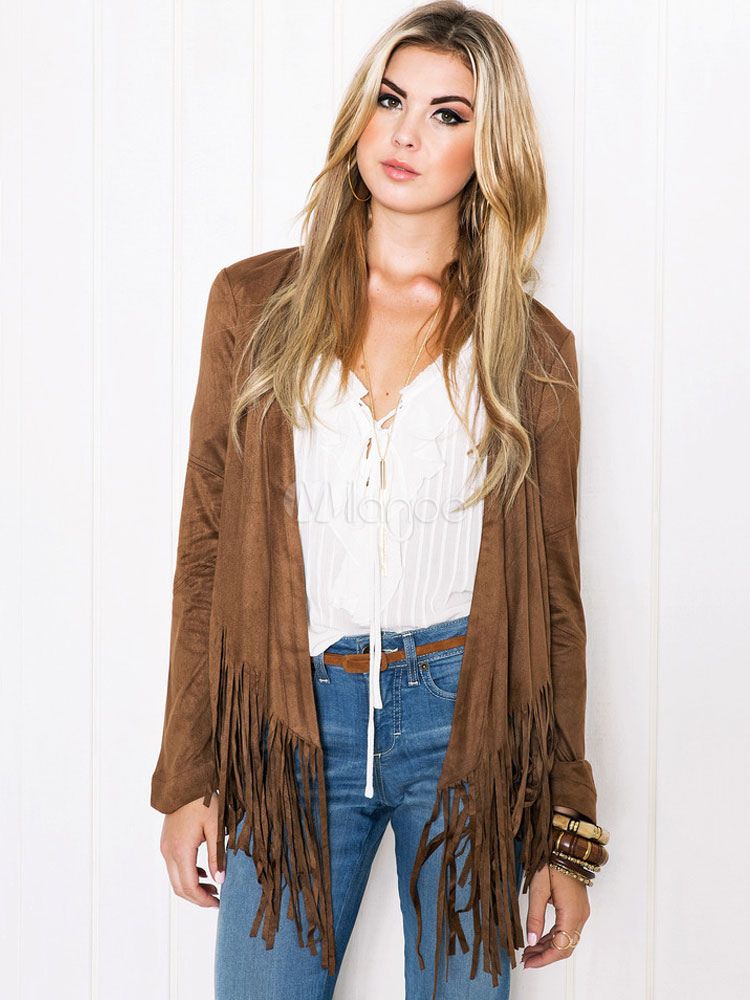 Brown Suede Fringe Jacket Women Long Sleeve Short Leather Jacket | Milanoo