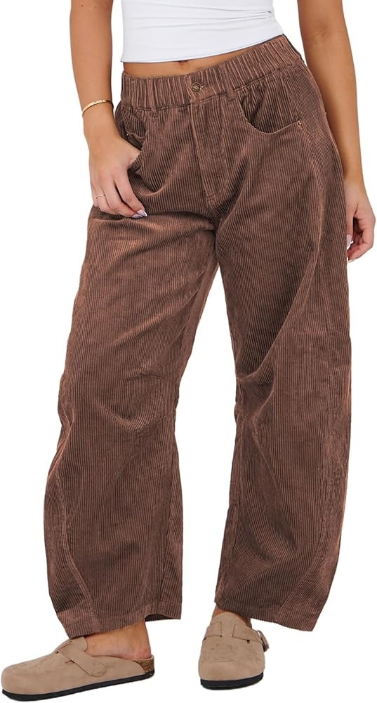 SeekMe Women's Corduroy Pants Barrel Mid-Rise Elastic Waist Cord Pants Casual Wide Leg Baggy Trou... | Amazon (US)