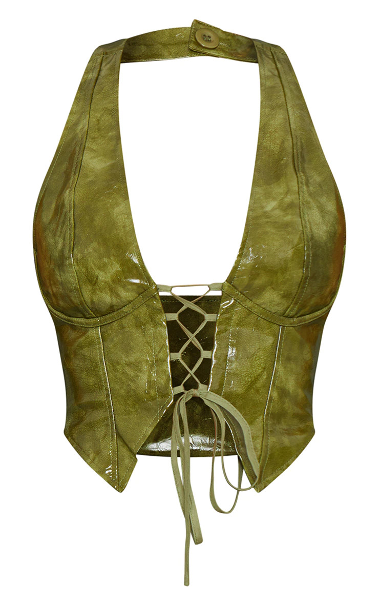 Olive Washed Faux Leather Lace Up Plunge Halterneck Top | PrettyLittleThing US
