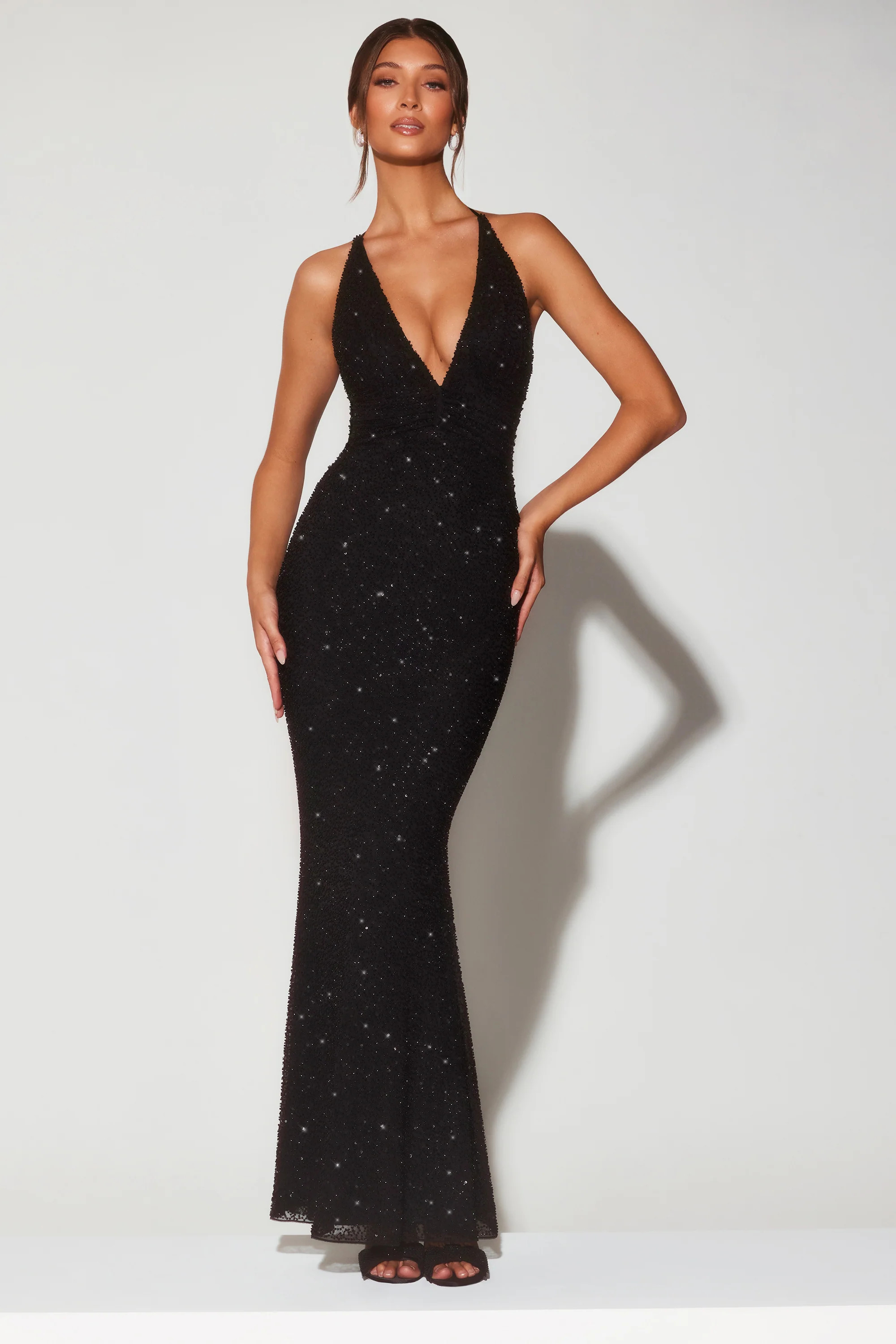 Embellished Plunge Halter Neck Evening Gown in Black | Oh Polly