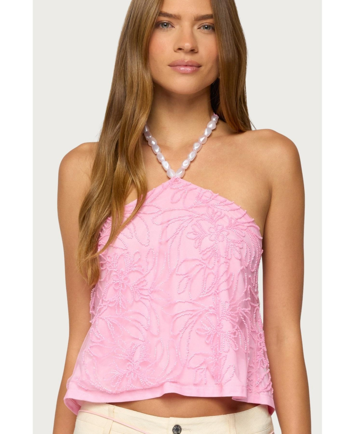 Edikted Women's Ayva Embroidered Floral Bead Halter Top - Pink | Macy's