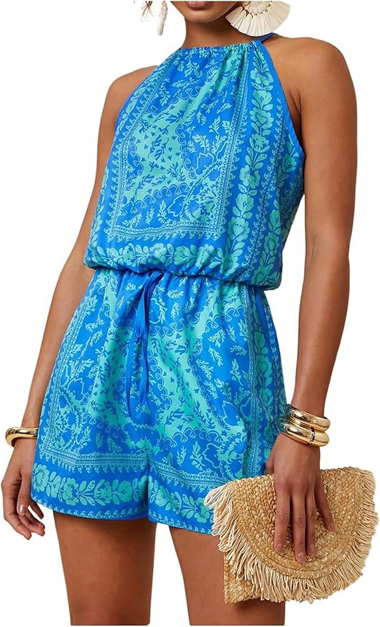 SweatyRocks Women's Allover Print Sleeveless Halter Jumpsuit High Waist Cami Romper with Pocket | Amazon (US)