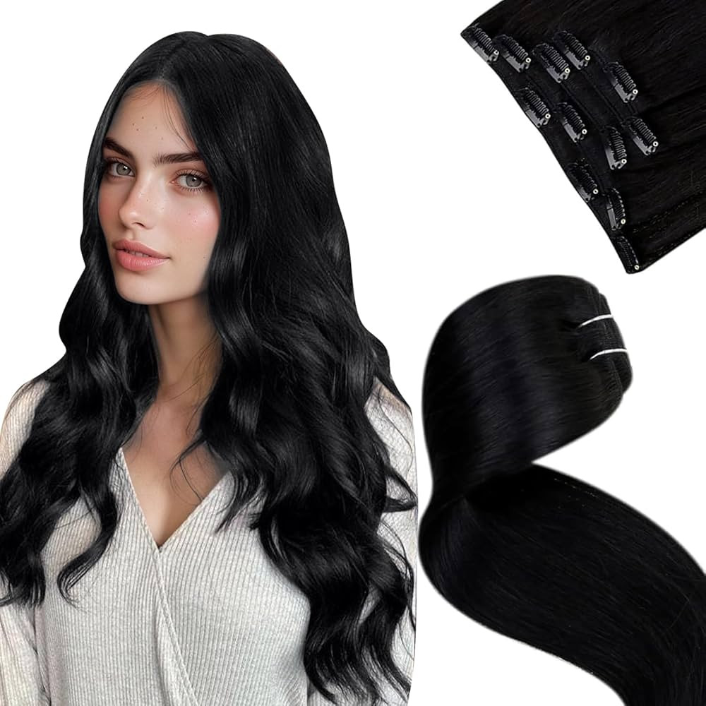 LaaVoo Human Hair Extensions Clip in Jet Black Clip in Hair Extensions Real Human Hair Black Wome... | Amazon (US)