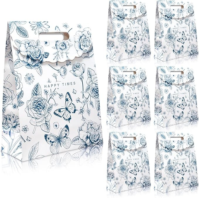 BASHLY 6 Pcs Middle Gift Bags for Women, Blue Floral Gift Bags with Handle 11'' Vintage Flower Tr... | Amazon (US)