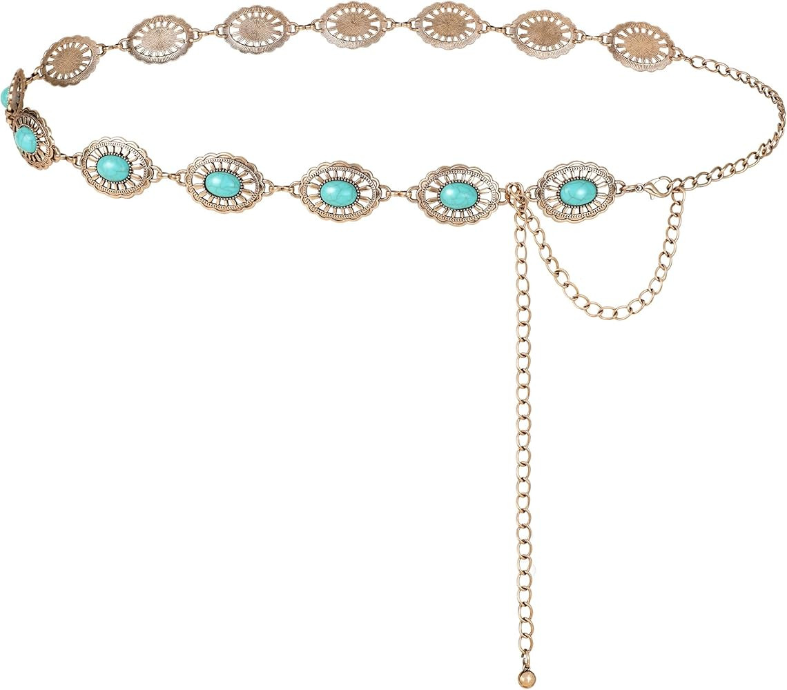 FIORETTO Metal Waist Chain Link Belt for Women Western Cowgirl Boho Turquoise Belts for Dress Jea... | Amazon (US)