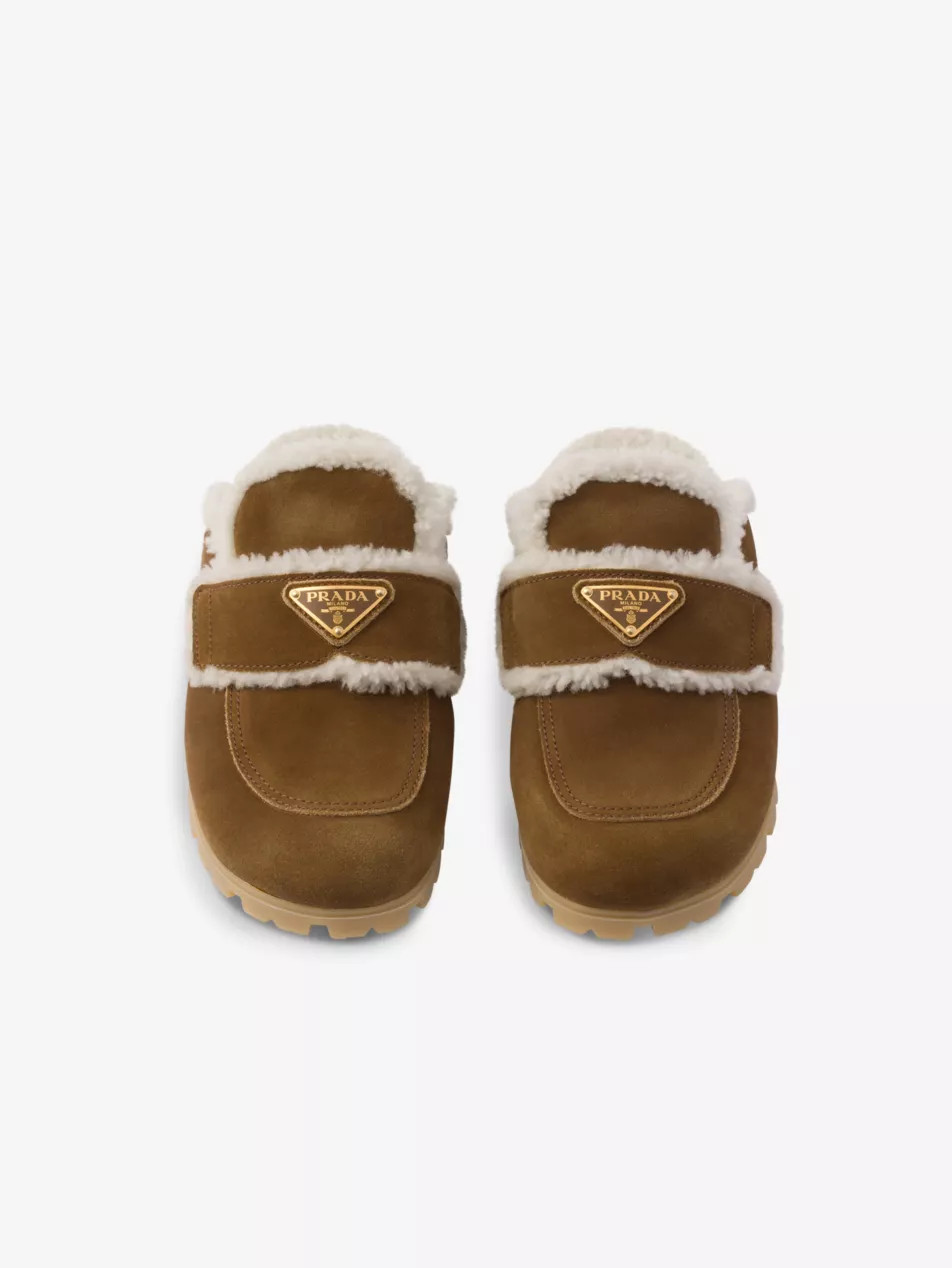 Lugged-sole triangle-plaque suede and shearling slippers | Selfridges