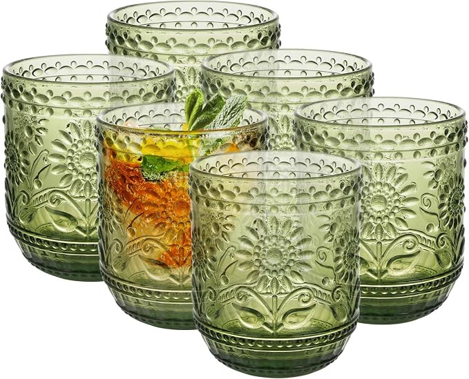 Topsky Vintage Drinking Glass Set of 6,12 oz Embossed Floral Decorative Glassware Set,Glass Cups ... | Amazon (US)