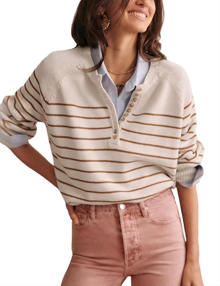 Hongsui Women's Color Block Striped Sweaters Button Up Crewneck Pullover Ribbed Knit Sweater Tops | Amazon (US)