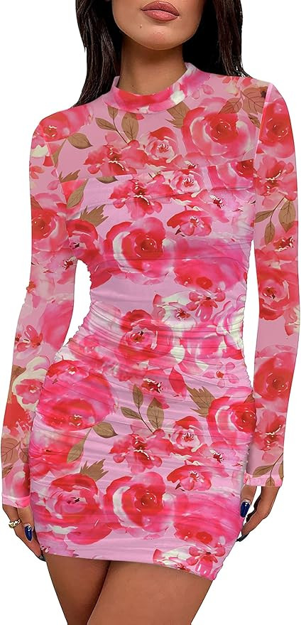 WIHOLL Women's Mesh Sheer Long Sleeve Ruched Mini Dress Sexy Bodycon Mock Neck Cocktail Party Clu... | Amazon (US)