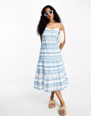 Figleaves siciliy embroidered tiered midi dress in white and blue | ASOS (Global)