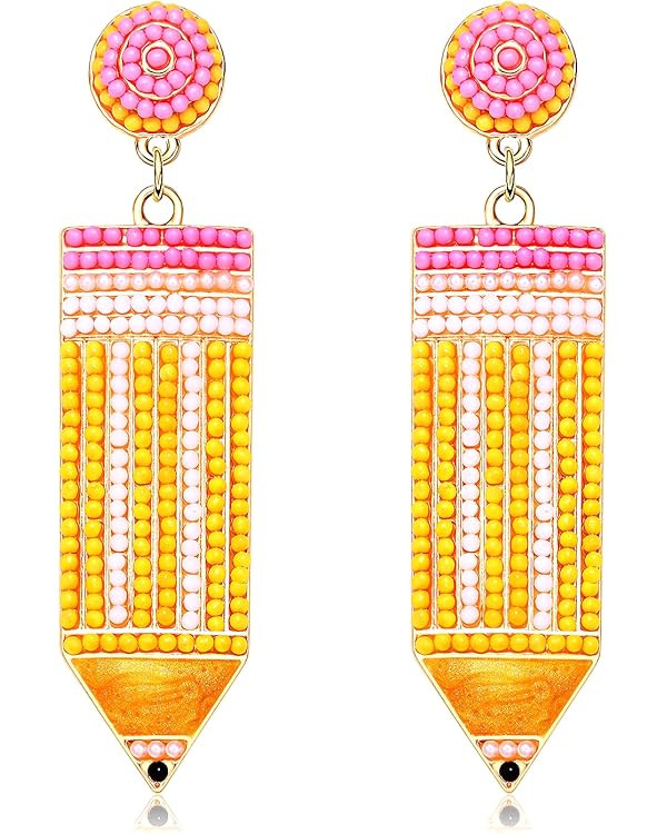 Teacher Earrings Beaded Pencil Earrings for Women Handmade Beaded Dangle Drop Earrings Back To Sc... | Amazon (US)