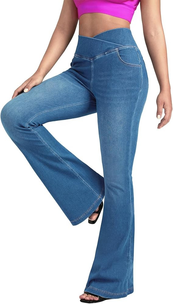 BlueRose Flare Jean for Women,Bell Bottom Jeans for Women Knit Crossover High Waisted Bootcut Jea... | Amazon (US)