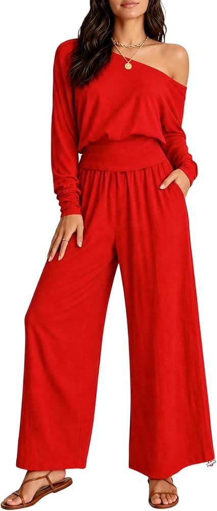 HWP Women's 2 Piece Outfits Off Shoulder Matching Lounge Set With Pockets | Amazon (US)