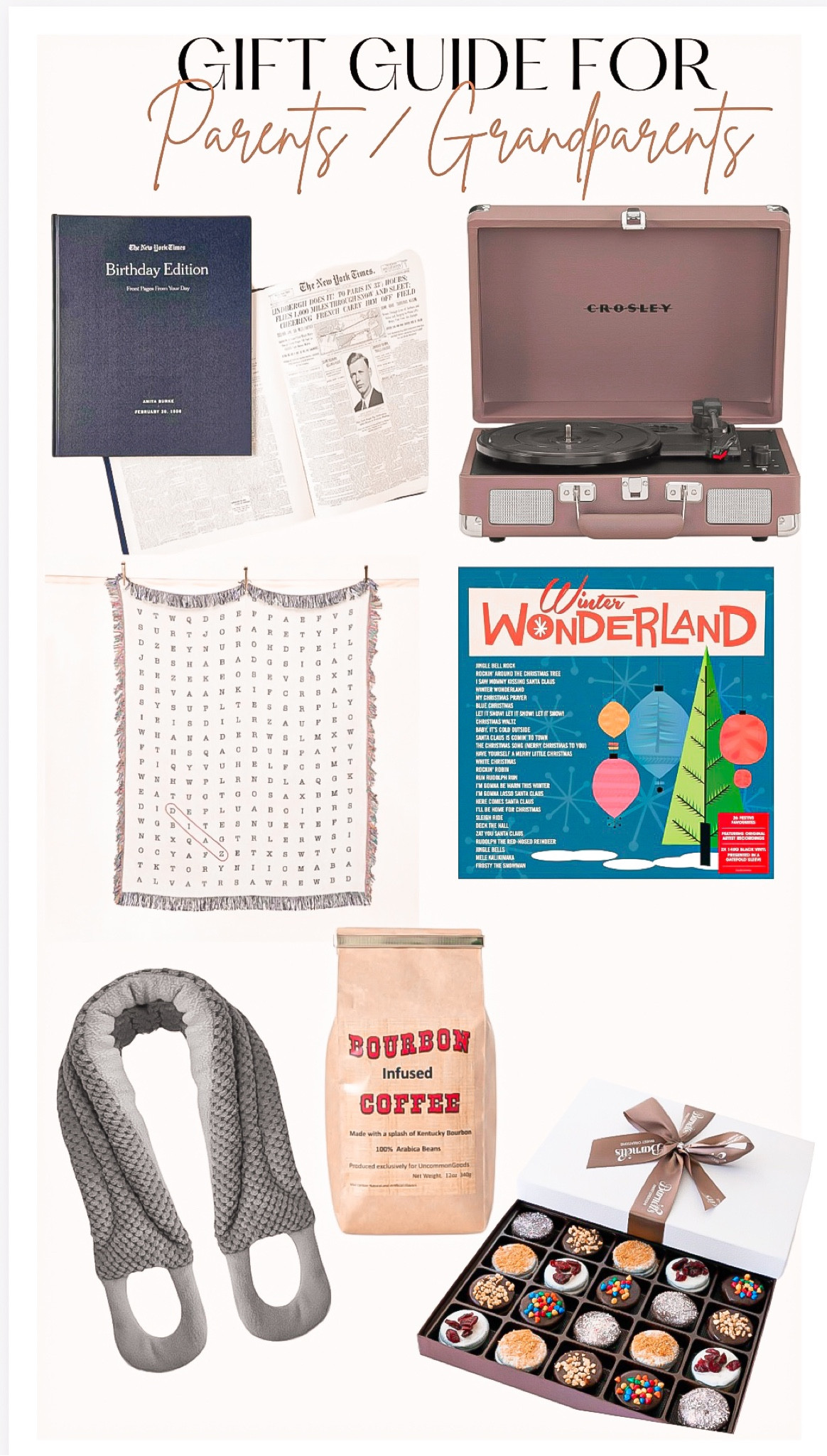 Gift guide for•
Parents / Grandparents 

Year you were born book, gift for him, gift for her, Christmas , stocking stuffers, record player, Crosley record player, vinyl record, crossword puzzle blanket, coffee, back massager, chocolates, heating pad, slippers, pots and pans, cozy socks, grip socks, recipe books , dish set, holiday decor 

#LTKGiftGuide #LTKfindsunder100 #LTKHoliday