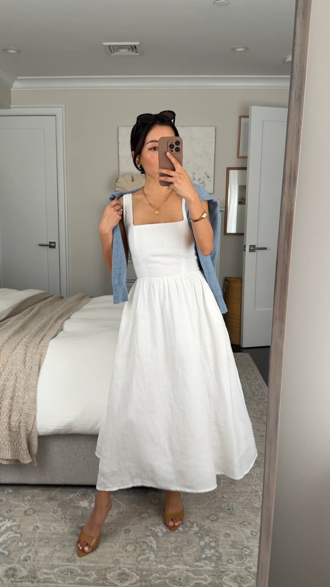 Quince dress for spring

• Linen fit & flare midi dress - Size XS is TTS so it’s a little loose on me through the torso, but gently fitted with a petite friendly length I wear with flats. Flattering fit and flare cut, lined, smocked back with adjustable button straps, and pockets.

• Over the shoulders: cashmere sweater xs looser fit

• mango sandal heels sz 5

• Madewell sunglasses

Travel spring summer dress, Europe trip outfit, linen dress, white petite friendly dresss

#LTKPetite #LTKSeasonal #LTKmomlife