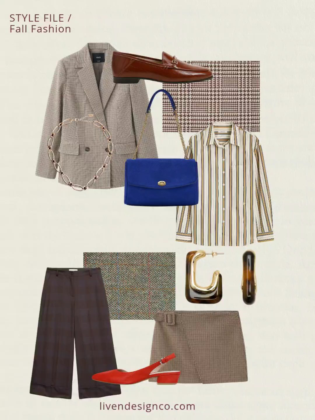 Style file. Fall fashion. Classic timeless style. Outfit inspiration. Striped button down shirt. Tweed. Blazer. Herringbone skirt. Plaid. Cobalt blue handbag. Suede bag. Red slingback flats. Red ballet flats. Plaid pants. Barrel pants. Loafers. 

#LTKSeasonal #LTKSaleAlert