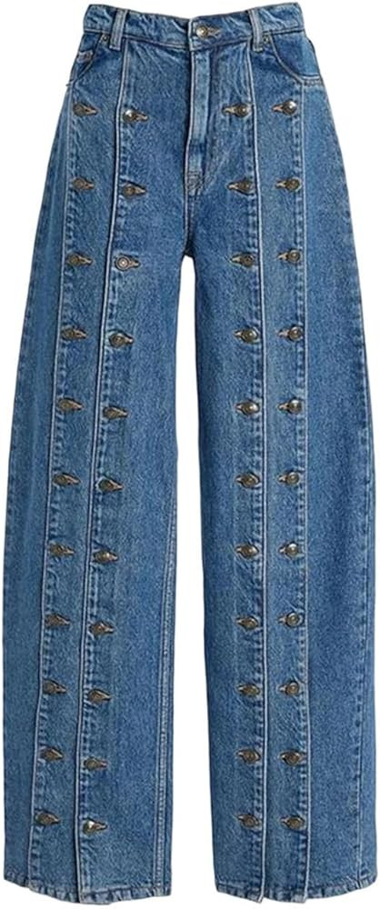 Women Spring Button Design Denim Trousers Vintage High Waist Casual Office Party Jean Pant | Amazon (US)