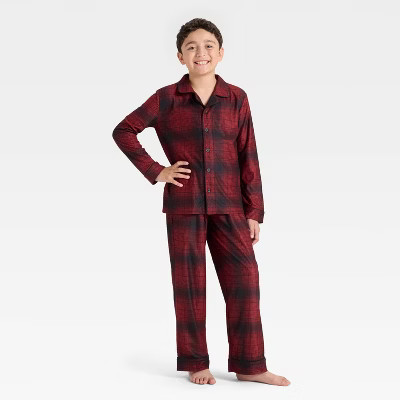 Boys' 2pc Plaid Holiday Long Sleeve Button-Down Pajama Set - Cat & Jack™ Red | Target