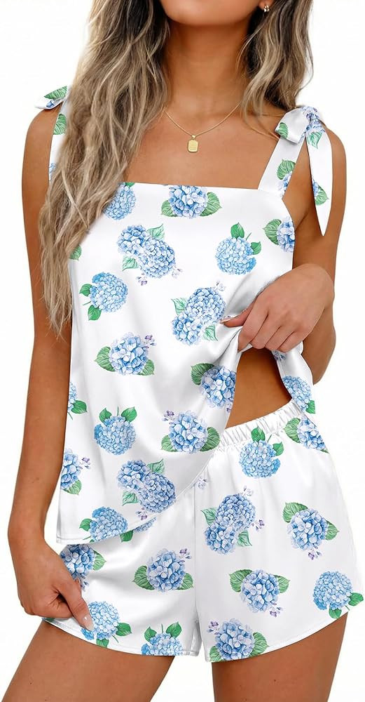 Ekouaer Womens Silk Pajama Set Bow Tie Knot Tank Top Satin Pjs Sets for Bridal Party 2 Piece Cami... | Amazon (US)