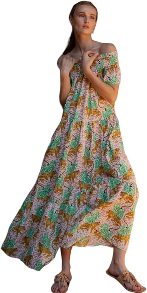 Women Summer Boho Off Shoulder Handblock Print Short Sleeves Bohemian Designer Long Maxi Dress | Amazon (US)