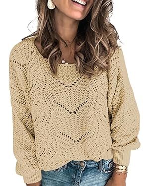 Dokotoo Womens 2023 Cute Elegant Soft Crewneck Long Sleeve Hollow Cable Knit Pullover Sweaters | Amazon (US)