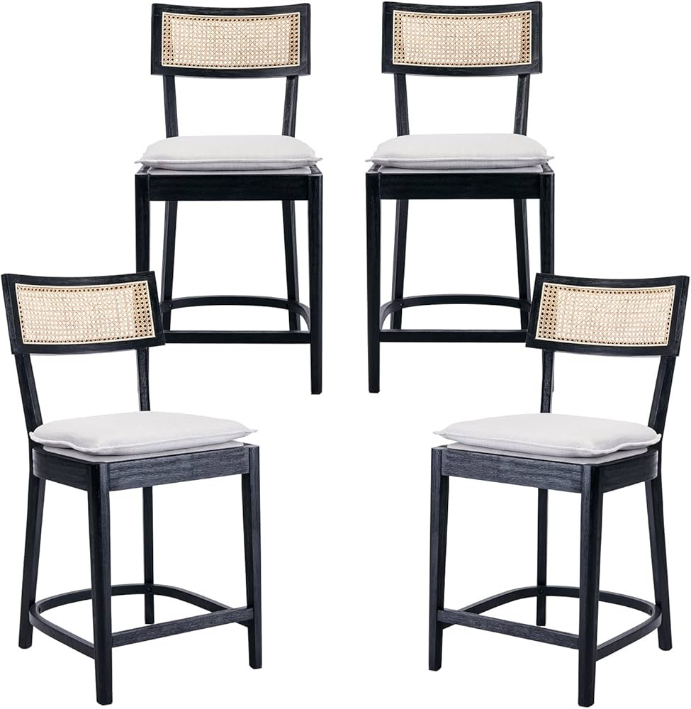 QUNINJAY 26" Counter Height Bar Stools Set of 4, Modern Rattan Counter Stools with Linen Upholste... | Amazon (US)